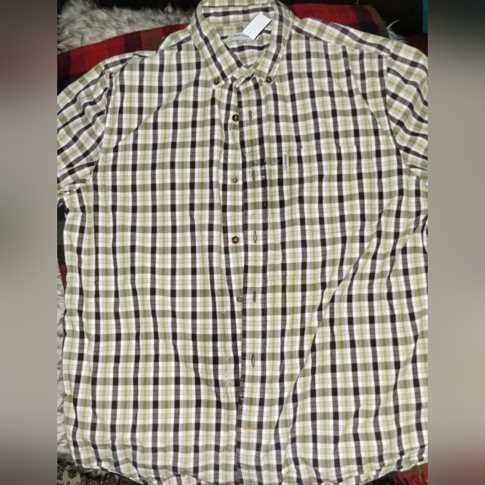 Carhartt Striped Dress Shirt XL Short Sleeve With Pocket 100% Cotton